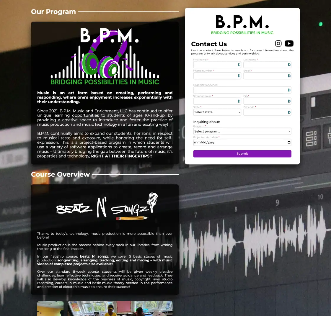 Screenshot preview of the BPM Music and Enrichment website homepage