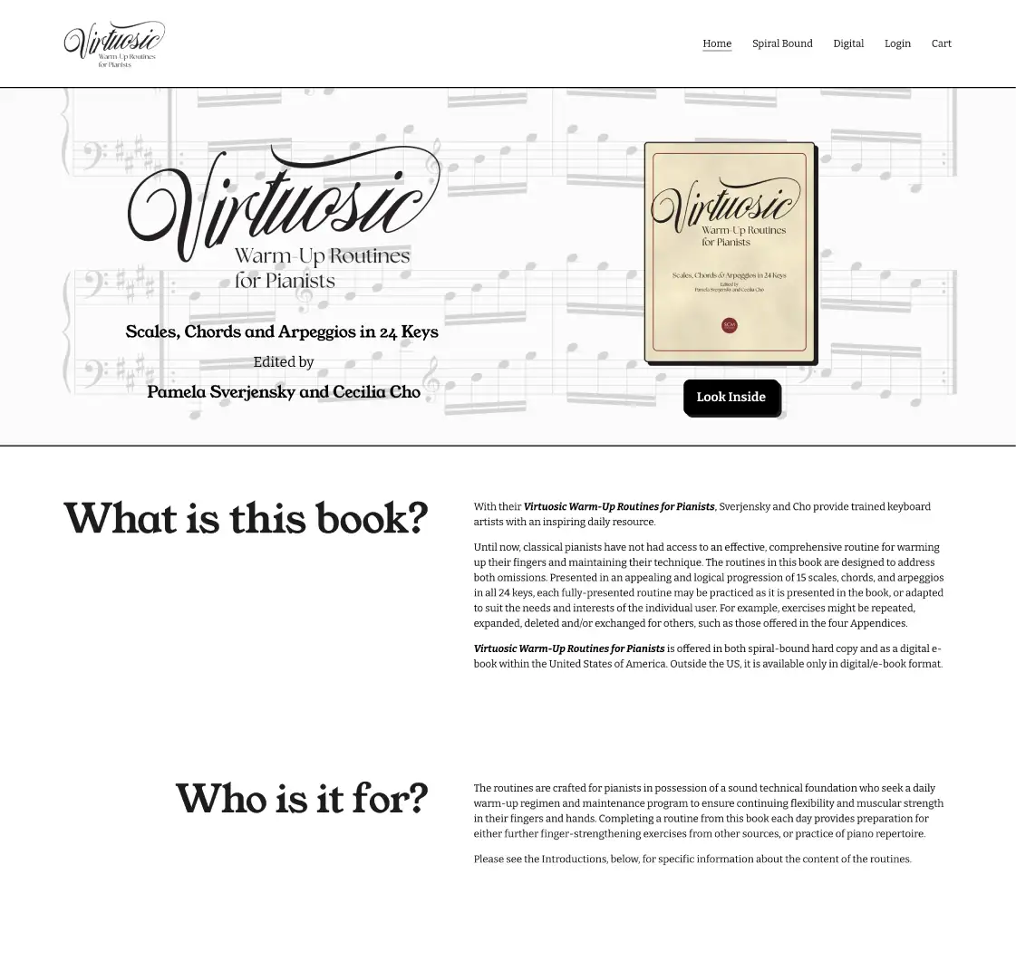 Screenshot preview of the Virtuosic Warm-Up Routines for Pianists website homepage